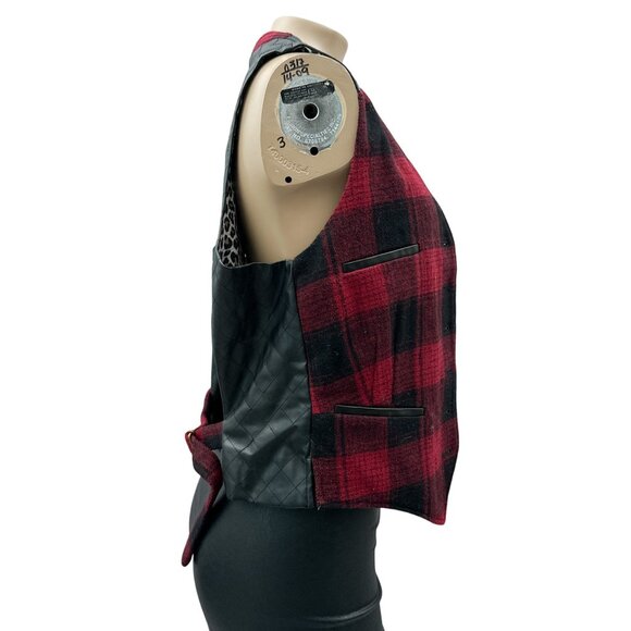 Tasha Polizzi Wool Plaid Vest Red Black Quilted Faux Leather Back Lined Womens M - Picture 2 of 10